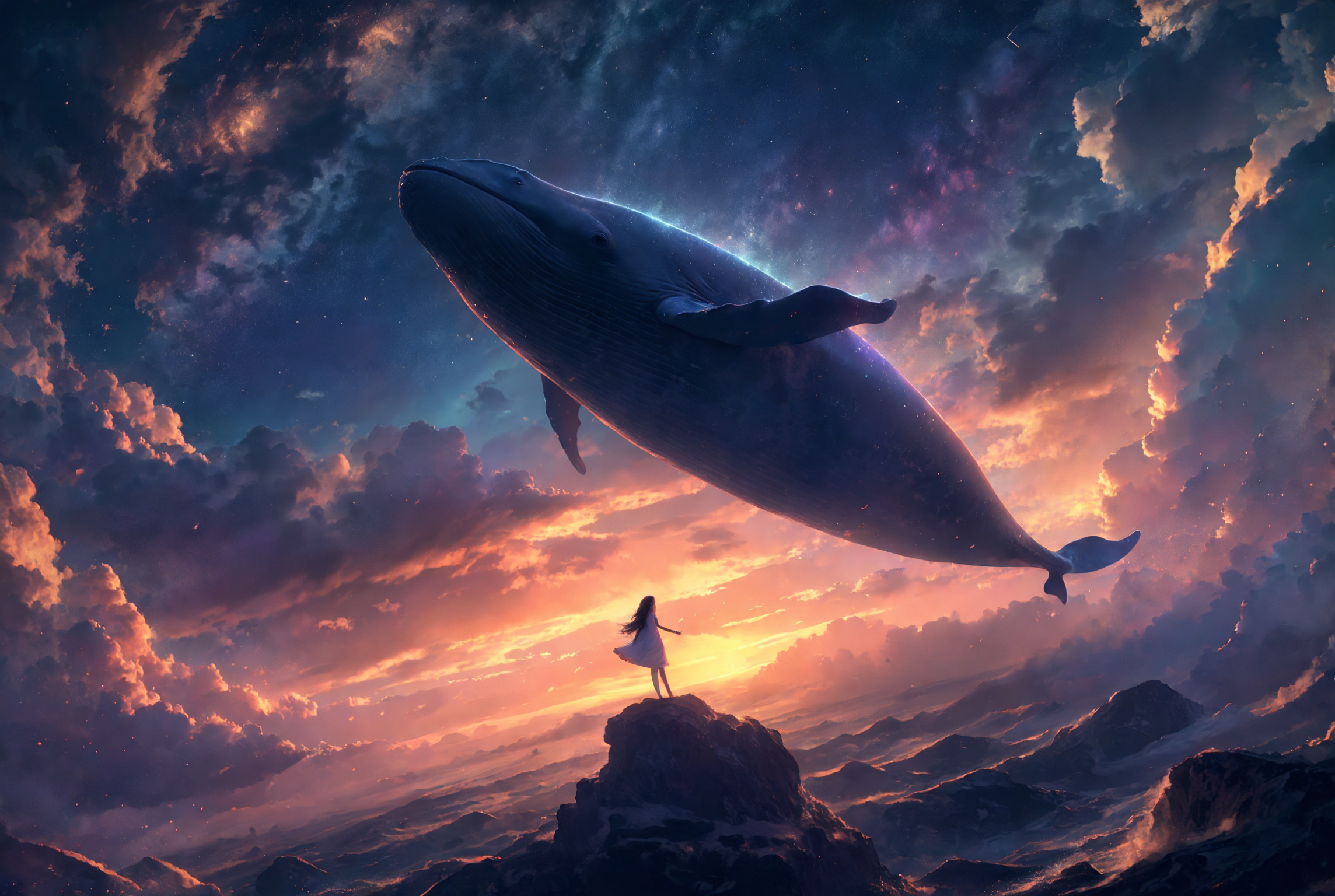 606247209521970401-2303081122-xuer Big whale, 1girl, whale, sky, long hair, star _(sky_), solo, dress, standing, starry sky, cloud, scenery, oversized animal,.jpg